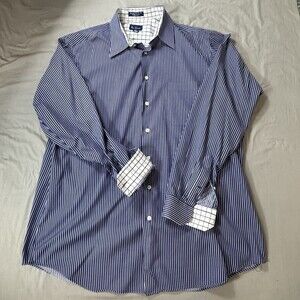 Paul Fredrick Dress Shirt Mens 16.5-37 White Blue Cotton Casual Fast Shipping